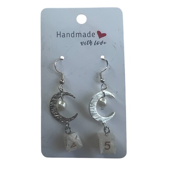 Pearl White Dungeon & Dragons Dice with Silver Moon Dangling Earrings - Picture 3 of 4